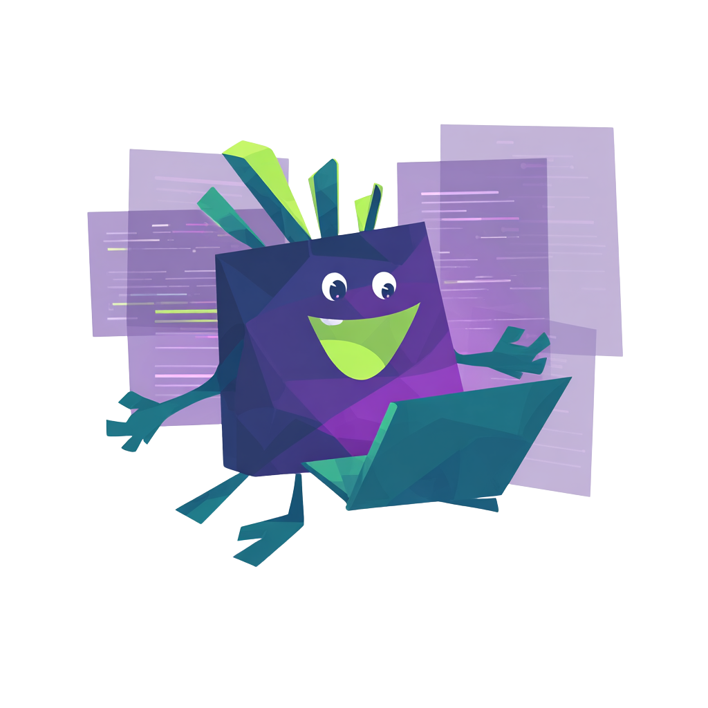 Colorful cartoon monster character using a laptop